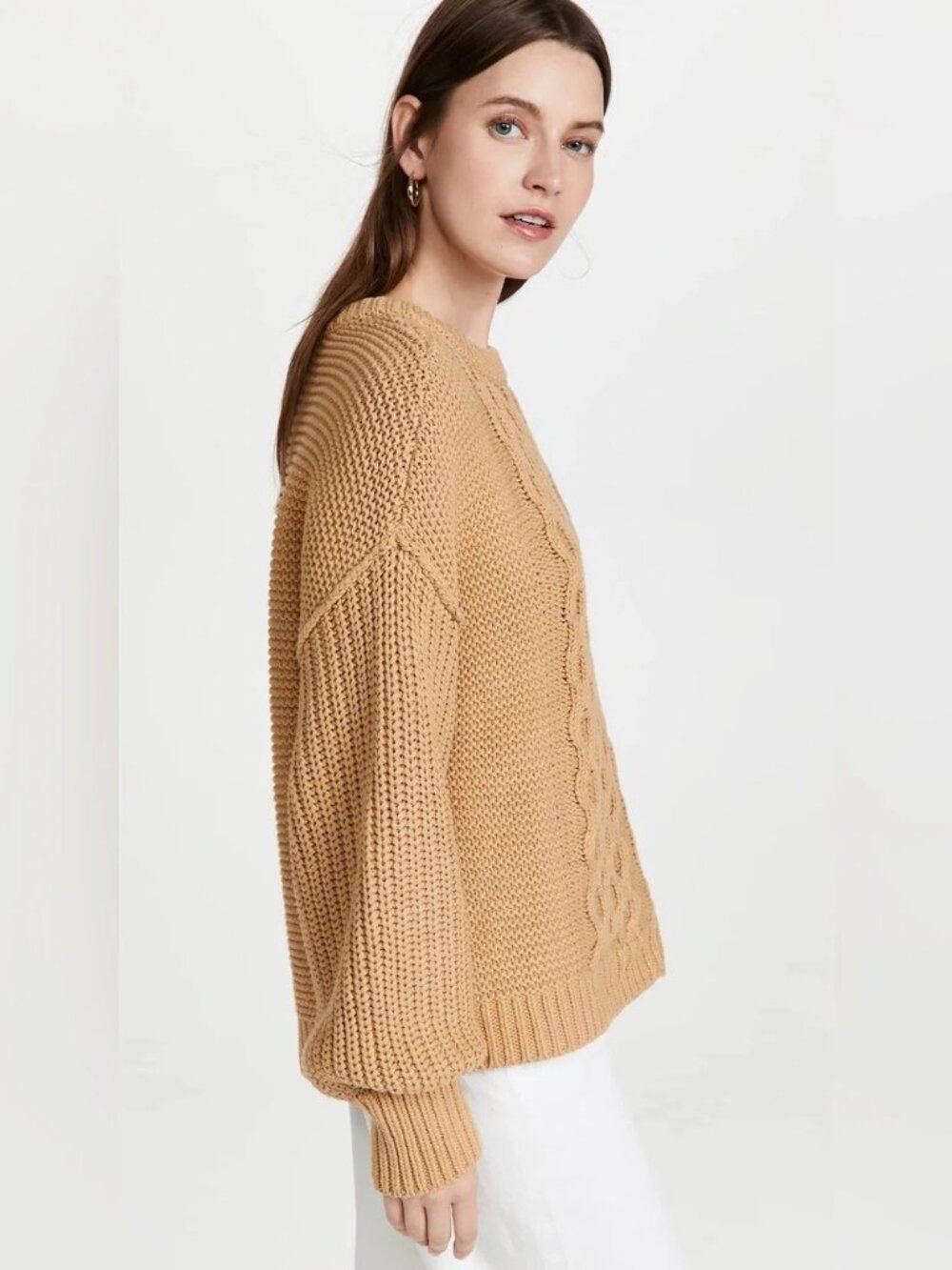 🆕 FREE PEOPLE Frankie Cable Cotton Pullover Sweater Camel Large - Picture 6 of 15